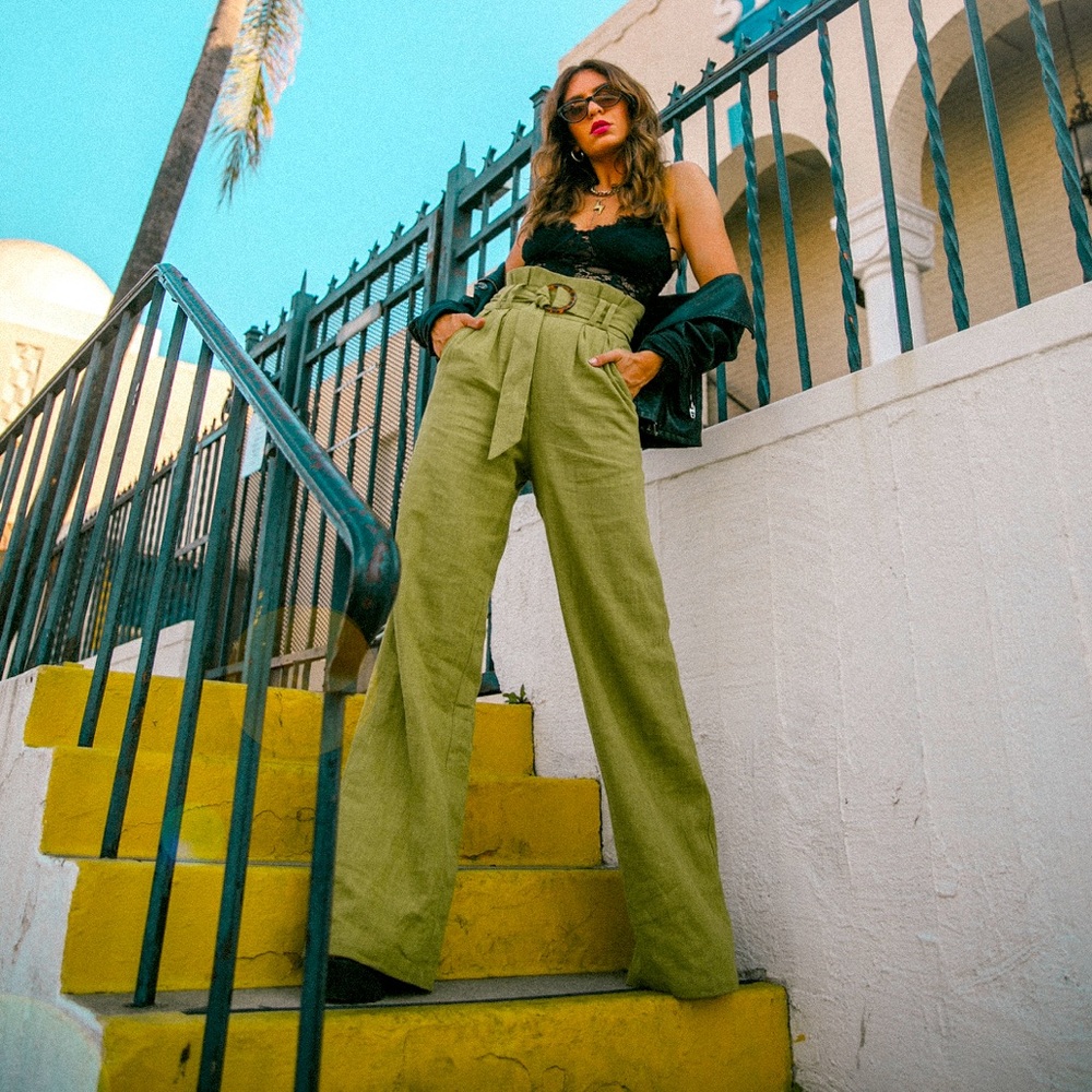 Revolve Green Paper-bag Trousers